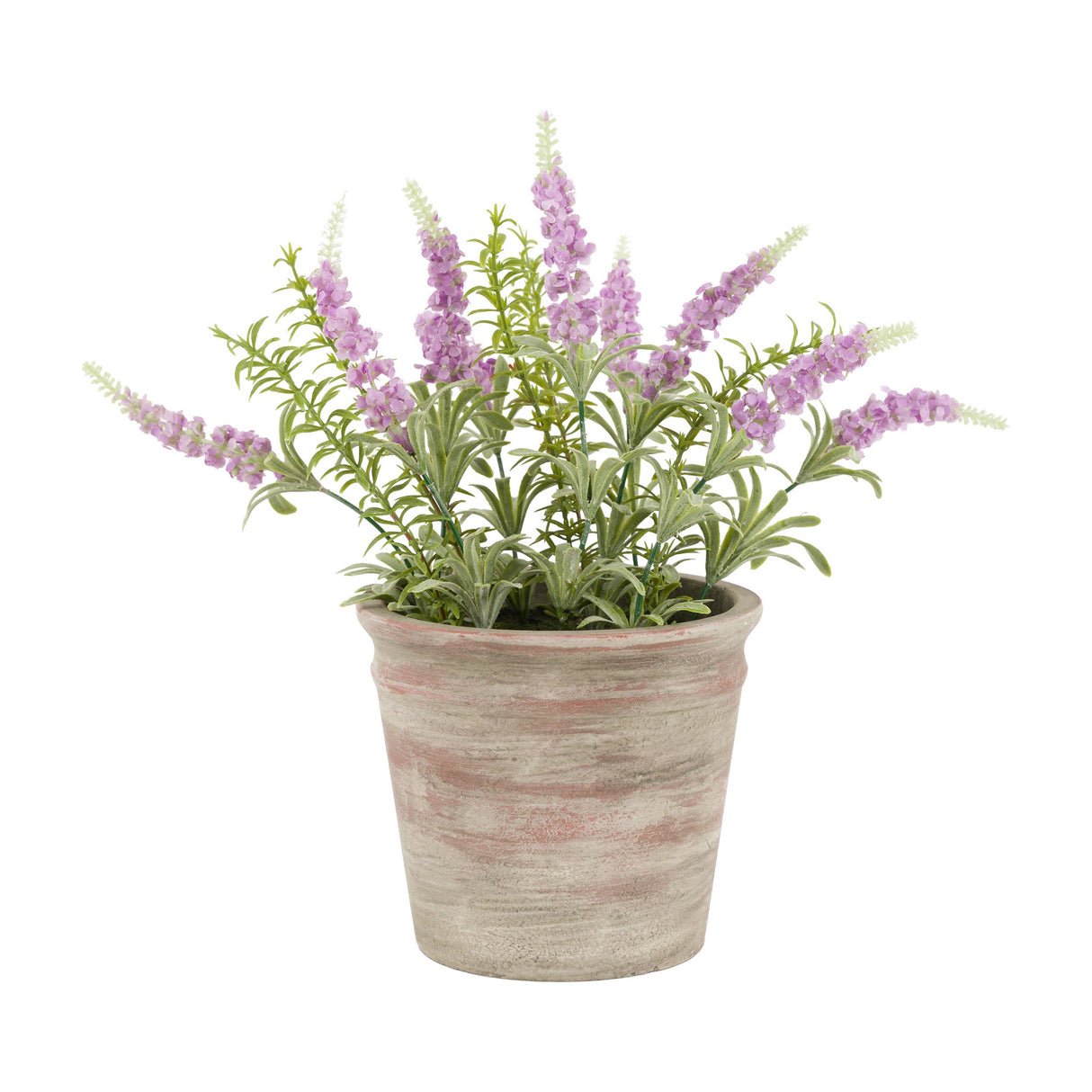 Gallery Direct Artificial Lavender in Rustic Pot with lilac flower spikes and green foliage in a chalky weathered paper mache pot on a white background.