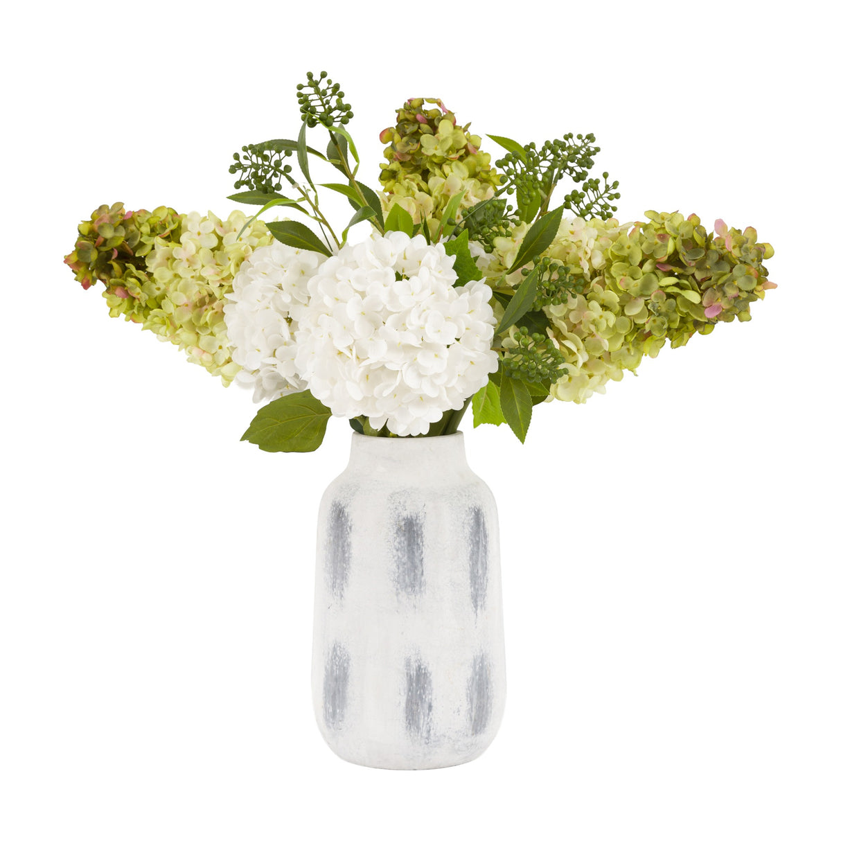 Artificial Hydrangea Arrangement in Ceramic Vase – Green