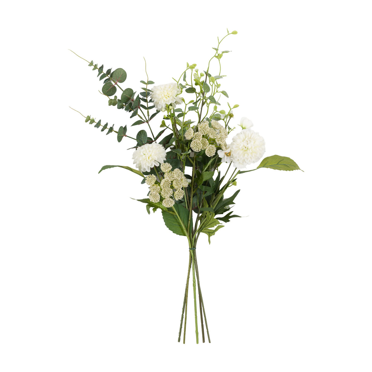 Gallery Direct artificial cream rose bouquet with dahlias, clustered blooms, eucalyptus and foliage in a ready-tied posy on a white background.
