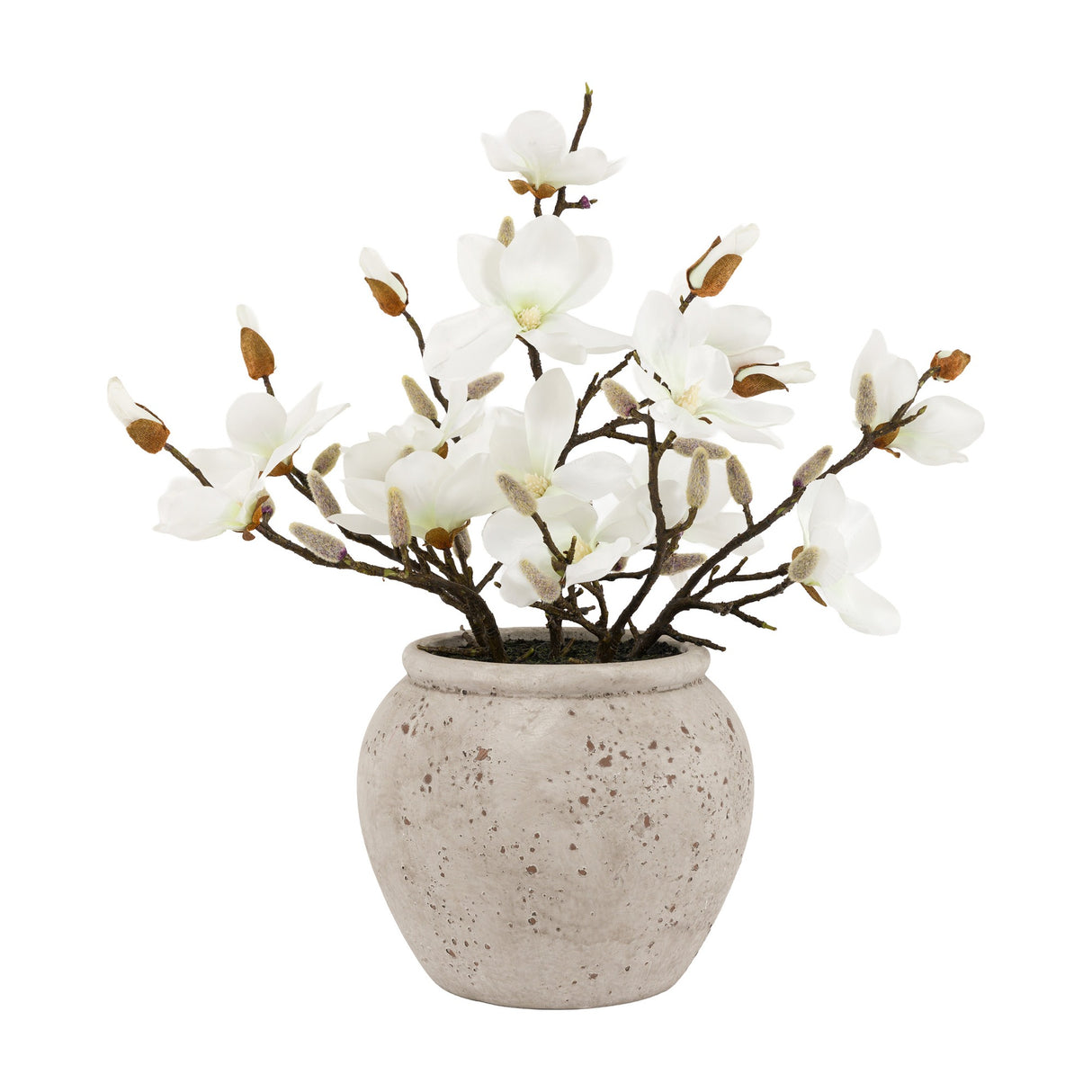 Artificial Magnolia Arrangement in Stone Pot – White