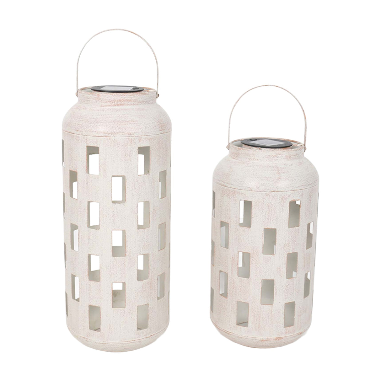 Gallery Direct Olvenne Cut-Out Lanterns Set of 2 in brushed white iron with staggered rectangular cut-outs and arched handles, on a plain background.
