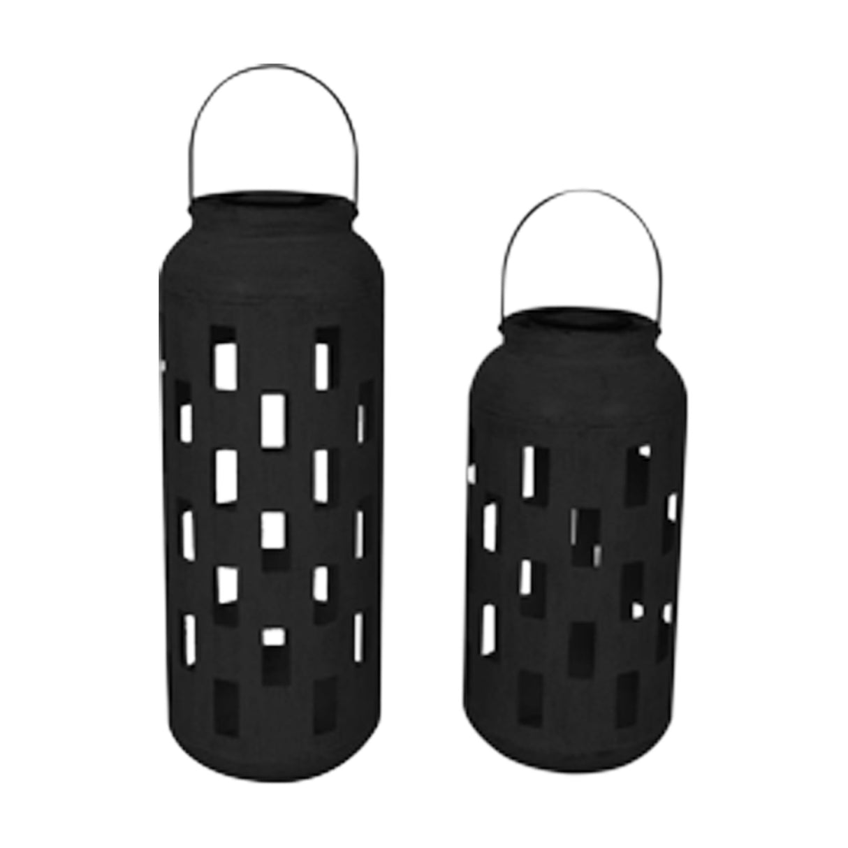 Gallery Direct Olvenne Cut-Out Lanterns Set of 2 in black iron with staggered rectangular cut-outs and arched carry handles on a white background.