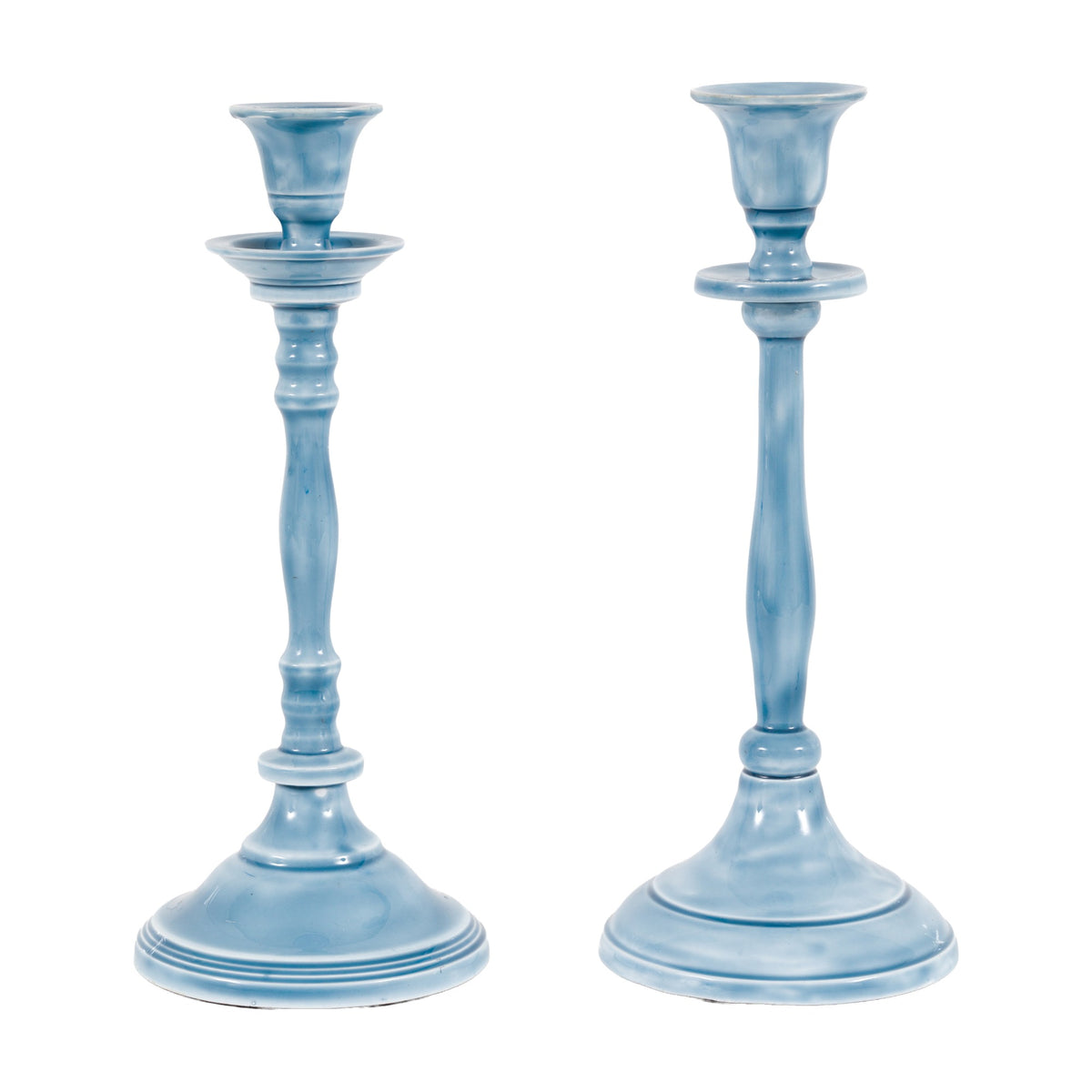 Pair of Gallery Direct Altevane turned aluminium candlesticks in soft blue, with fluted cups, drip trays, baluster stems and stepped bases.