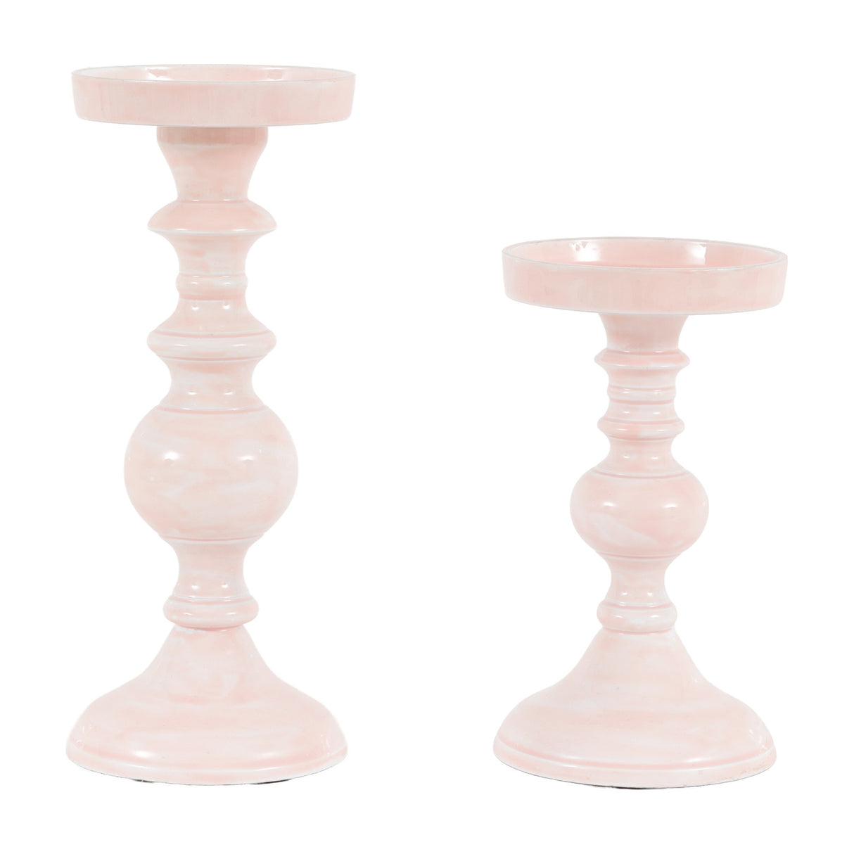 Gallery Direct Alzverne Turned Metal Candlesticks Set of 2 in glossy pink enamel, two heights with spooled stems and wide dish tops on a white background.