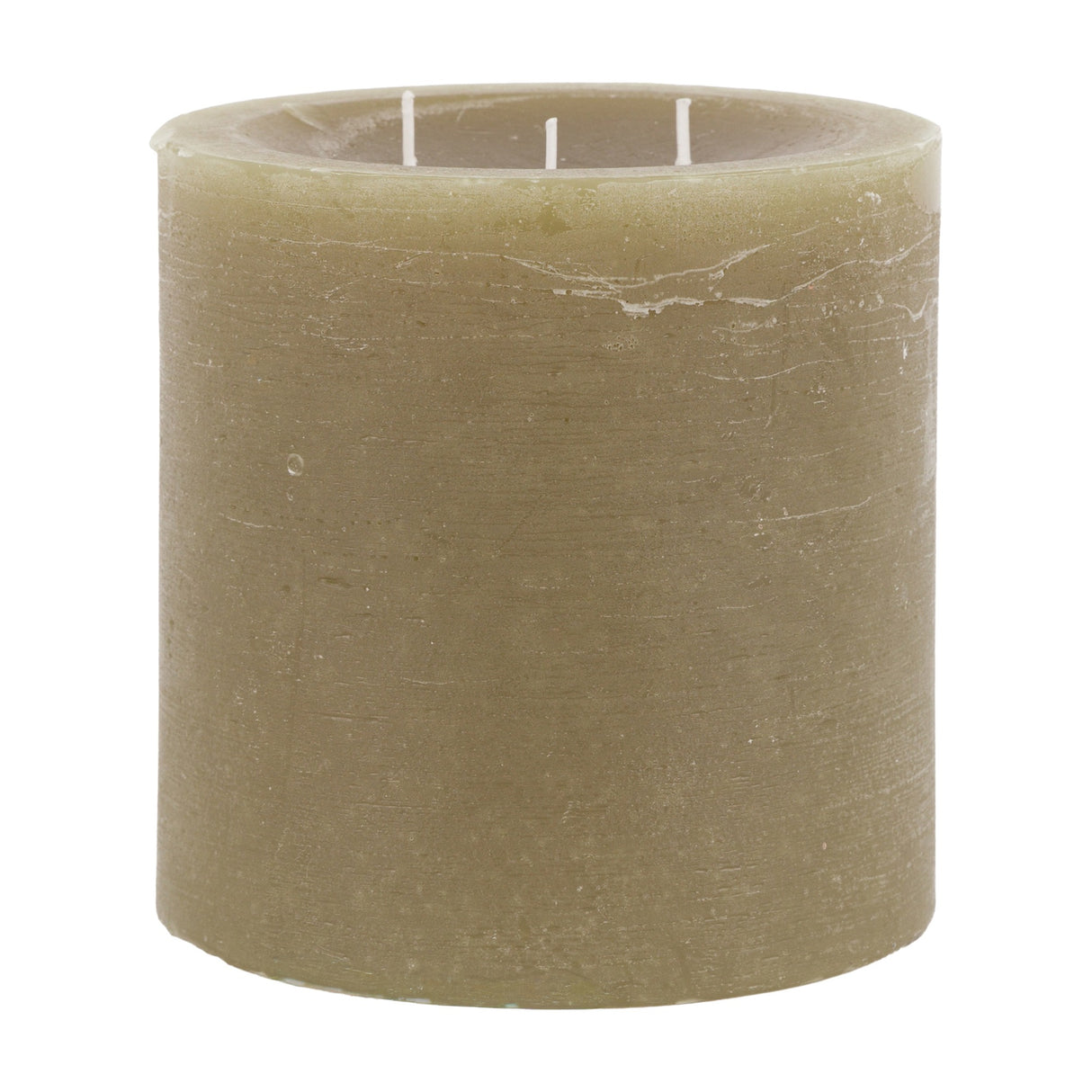 Gallery Direct Rustic Three Wick Pillar Candle in olive green wax with a textured finish and three cotton wicks, shown on a plain white background.