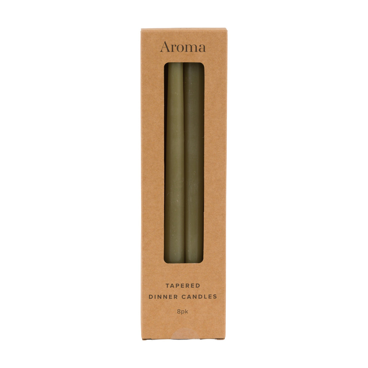 Gallery Direct Tapered Dinner Candles in olive green, shown as a slim matt wax pair within a kraft 8-pack window box on a plain white background.