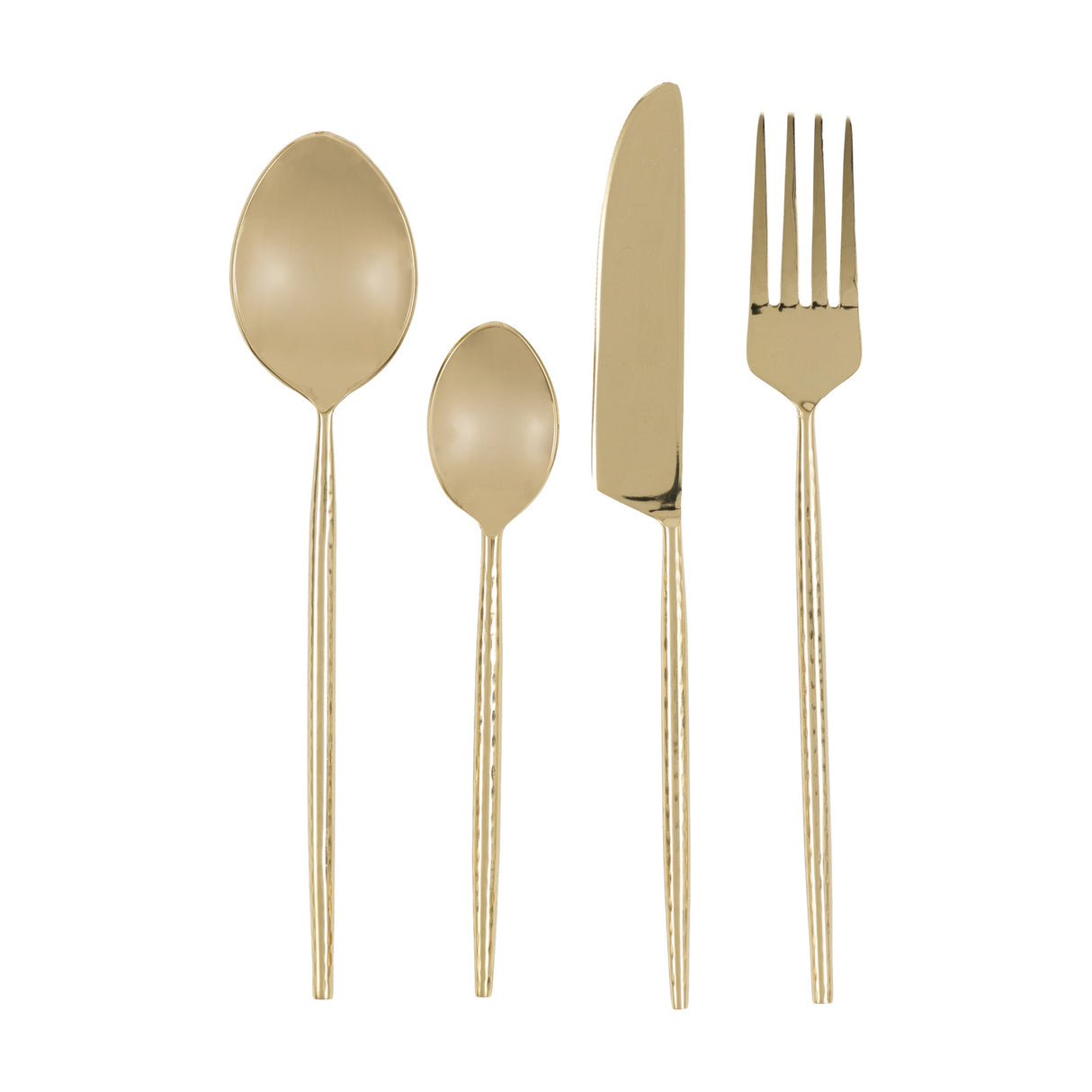 Gallery Direct Alora Hammered Cutlery Set in gold, showing dinner spoon, teaspoon, knife and fork with hammered handles on a white background.