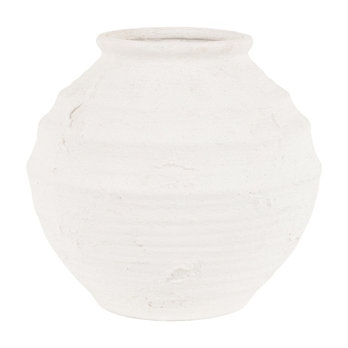 Gallery Direct Naxvane Ribbed Round Planter in natural white stoneware with a belly shape, flared neck and weathered matt finish, on a plain background.