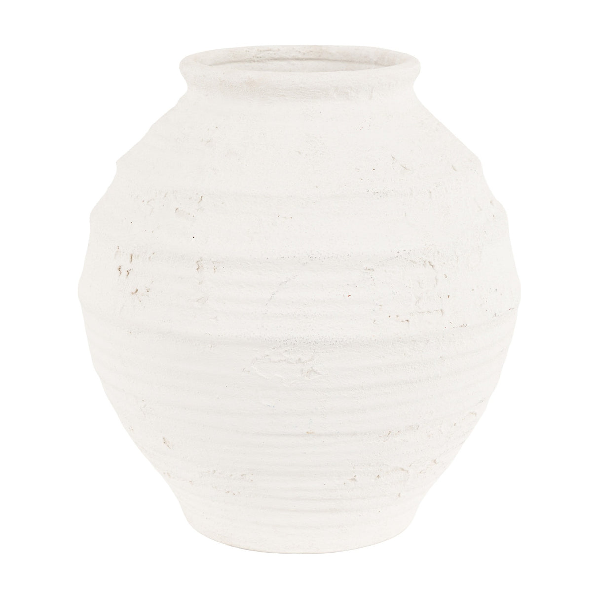 Gallery Direct Naxvane Ribbed Round Planter in natural white stoneware with a belly shape, flared neck and weathered matt finish, on a plain background.