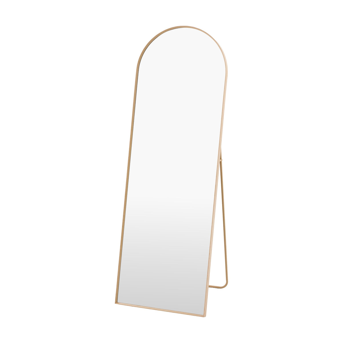 Gallery Direct Sorvane Arched Cheval freestanding full-length mirror with slim oak frame and hinged rear support leg on a white background.