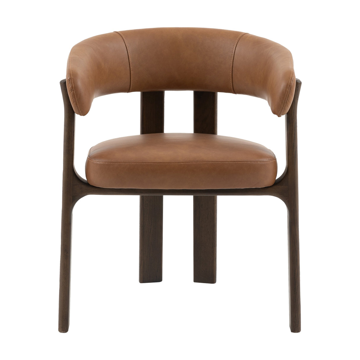 Gallery Direct Onvenne Dining Chair with a curved brown leather barrel back and rounded seat on a sculptural mid-brown ash frame, front view.