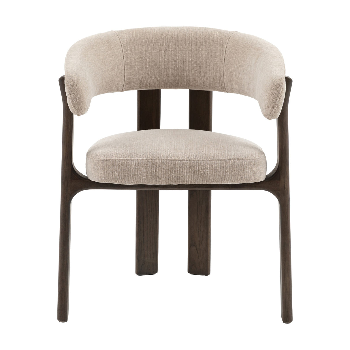 Gallery Direct Onvenne Dining Chair with a curved barrel back and rounded seat in natural fabric, set on a sculptural mid-brown ash frame.