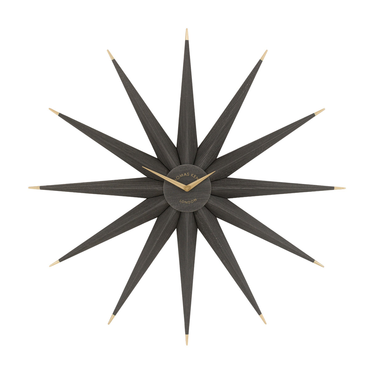 North Star Sunburst 80cm wall clock in warm grey with twelve tapered wood-effect spokes, brass tips and hands, on a plain white background.
