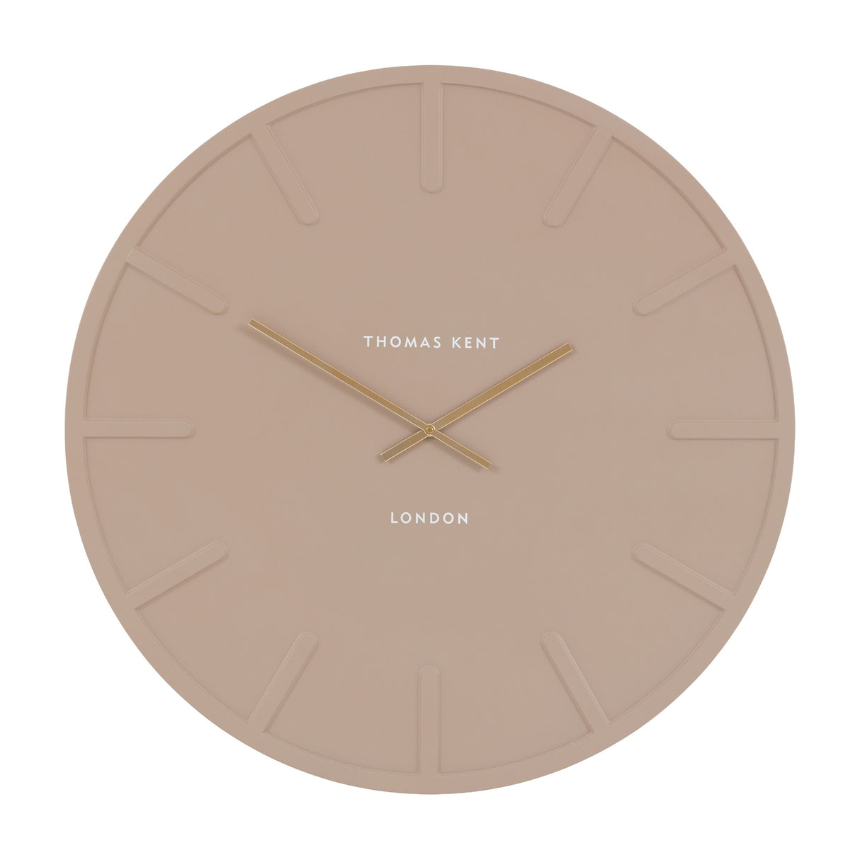 Larvorne Wall Clock by Gallery Direct, a large round grey MDF clock with raised markers, slim gold-tone hands, and Thomas Kent London branding.