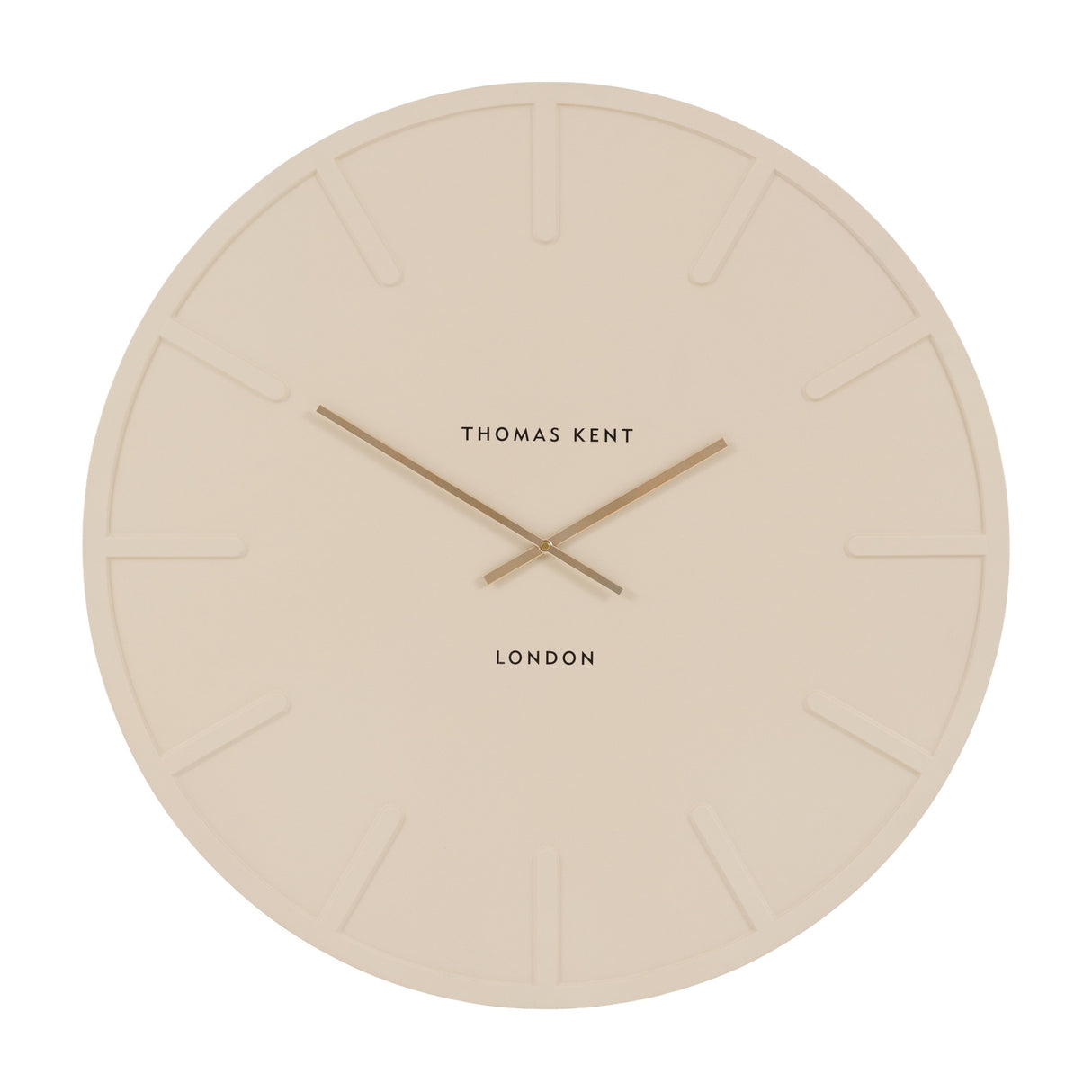 Larvorne Wall Clock by Gallery Direct, a large round cream MDF clock with recessed markers, slim gold-tone hands and Thomas Kent London text.
