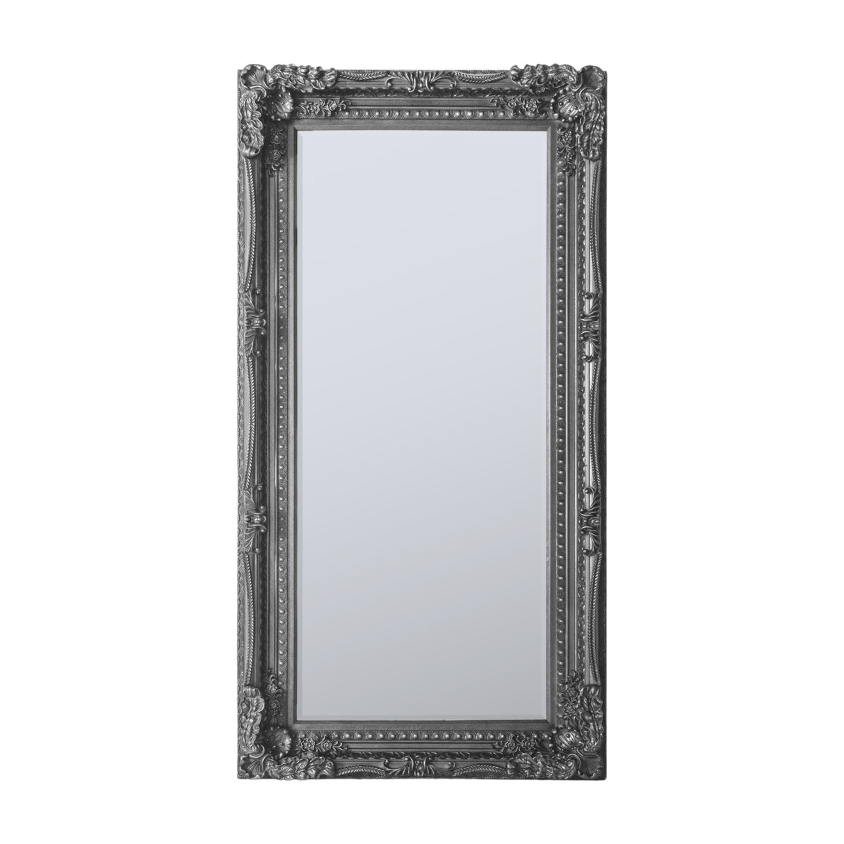 Gallery Direct Carved Louis Leaner Mirror in silver, a large rectangular full-length mirror with ornate carved French-style frame and bevelled glass.