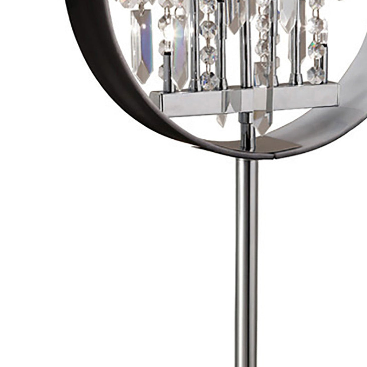 A close-up of the Geo Crystal 7 Light Table Lamp in polished chrome, featuring a circular black frame and clear crystal accents that reflect light for a stunning decorative effect.
