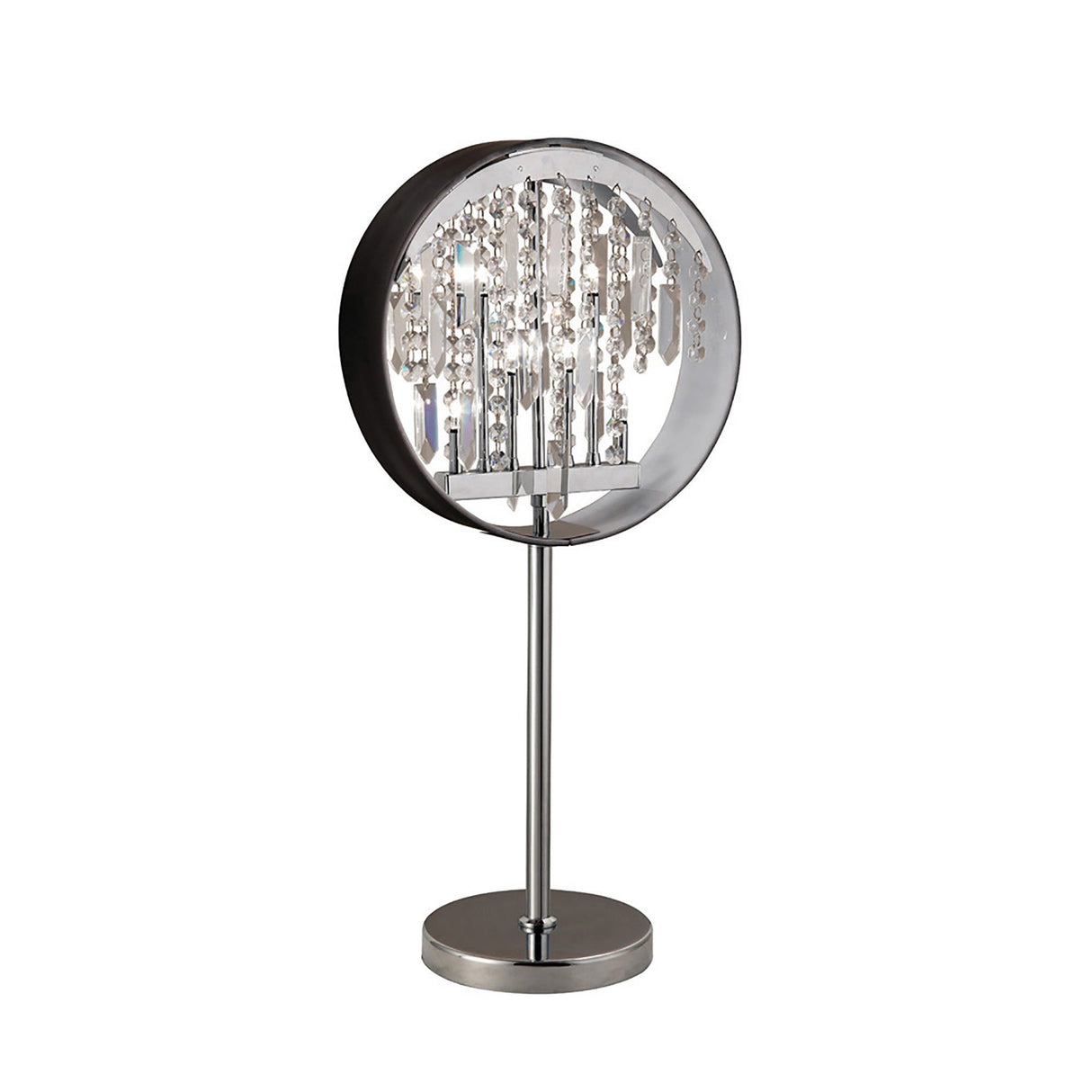 The Geo Crystal 7 Light Table Lamp in polished chrome features a round black metal shade, crystal-like hanging accents inside, and a slim silver stand with a circular base for a modern statement look.