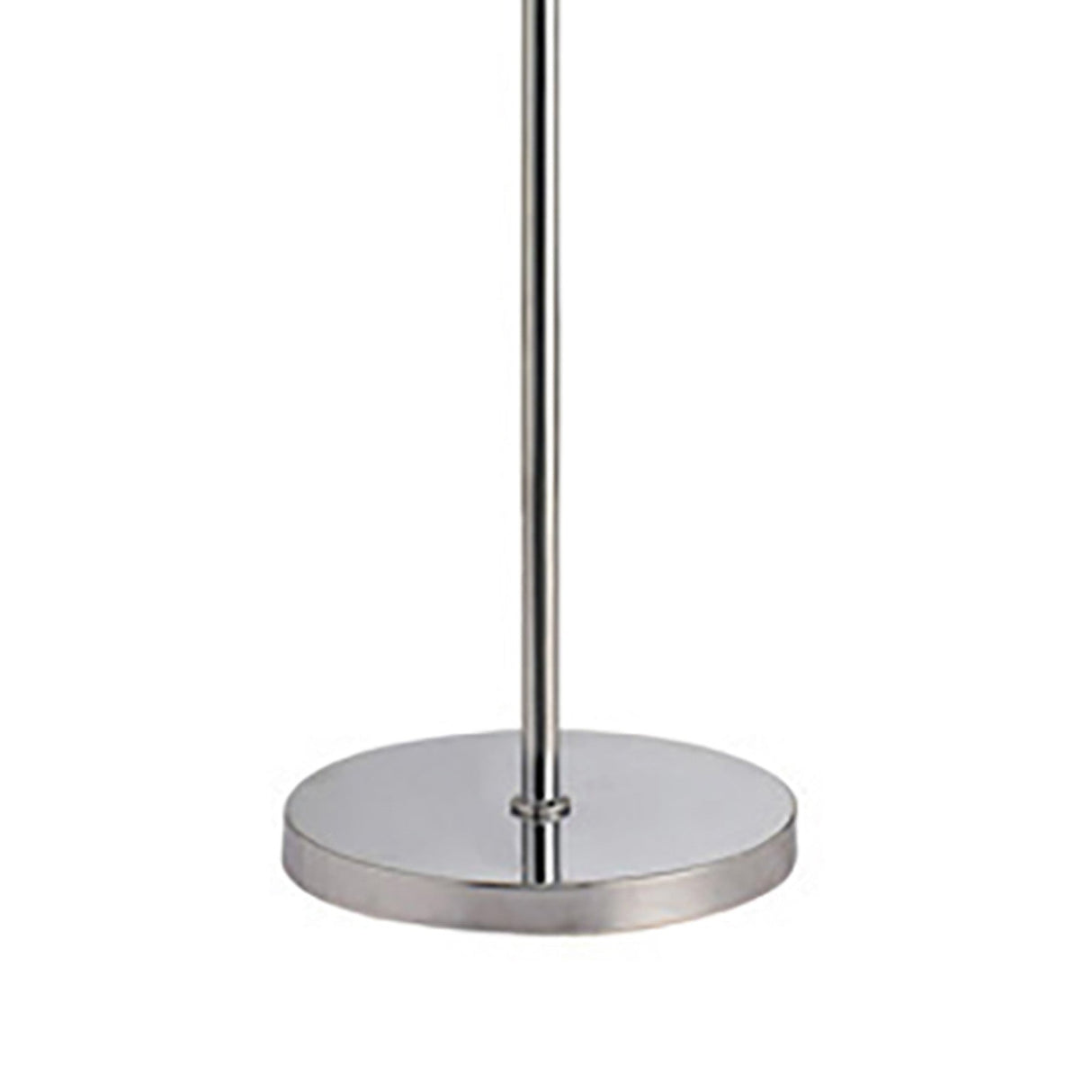 A close-up of the Geo 9 Light Crystal Floor Lamp's round chrome base with a central pole, featuring a black shade—ideal for adding modern glamour lighting to any room.