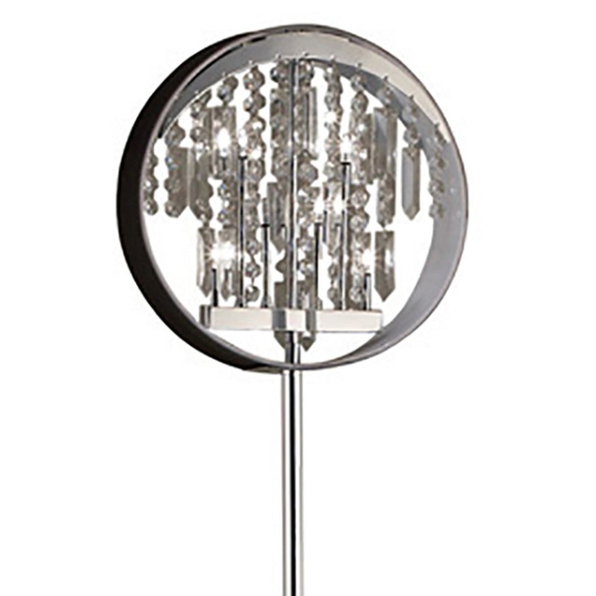 The Geo 9 Light Crystal Floor Lamp features a chrome frame, black shade, and hanging crystal prisms to bring sparkling, modern glamour and an elegant light effect to any space.