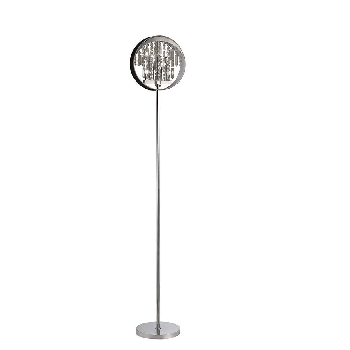 The Geo 9 Light Crystal Floor Lamp features a sleek chrome stand, a black shade, and hanging crystal accents, adding modern glamour to any space.