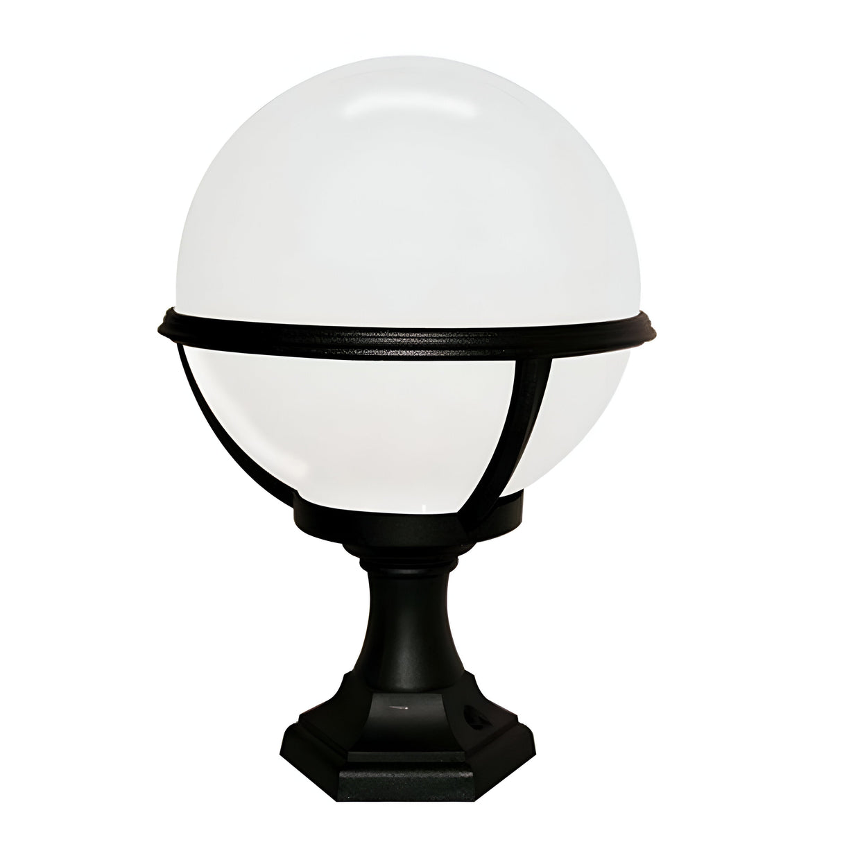 The Glenbeigh 1 Light Pedestal/Porch Lantern - Black is displayed against a plain white background, showcasing its spherical design with a white globe enclosed by a corrosion-resistant black metal frame. The lantern's angular base provides an elegant touch, making it perfect for sophisticated porch lighting.