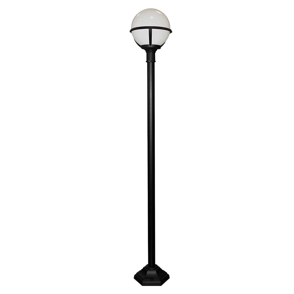 The Glenbeigh 1 Light Lamp Post - Black features a tall and slender design with a corrosion-resistant finish. It is topped with a round, white globe light that illuminates outdoor spaces beautifully. Its robust base provides steadfast support, making it a striking addition against any plain white background.