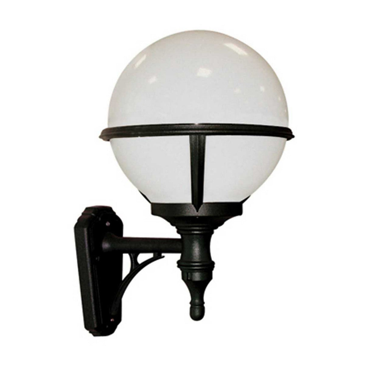 The Glenbeigh 1 Light Outdoor Wall Light in black features an opaque white globe-shaped cover and boasts a corrosion-proof design, with an IP44 rating for enhanced durability.