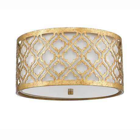 The Arabella 2 Light Flush - Gold With Ivory Shade features a drum-shaped distressed gold metal frame adorned with an elegant geometric lattice design. Its ivory interior gently diffuses energy-efficient lighting, enhancing the fixture's modern and sophisticated appeal.