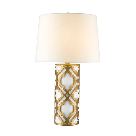 Introducing the Arabella 1 Light Table Lamp - Gold With Ivory Shade: a stylish piece featuring a cylindrical base adorned with an intricate gold lattice design on a white background. Topped with an ivory linen shade, this lamp exudes elegance and modernity, making it an ideal addition to any sophisticated space.
