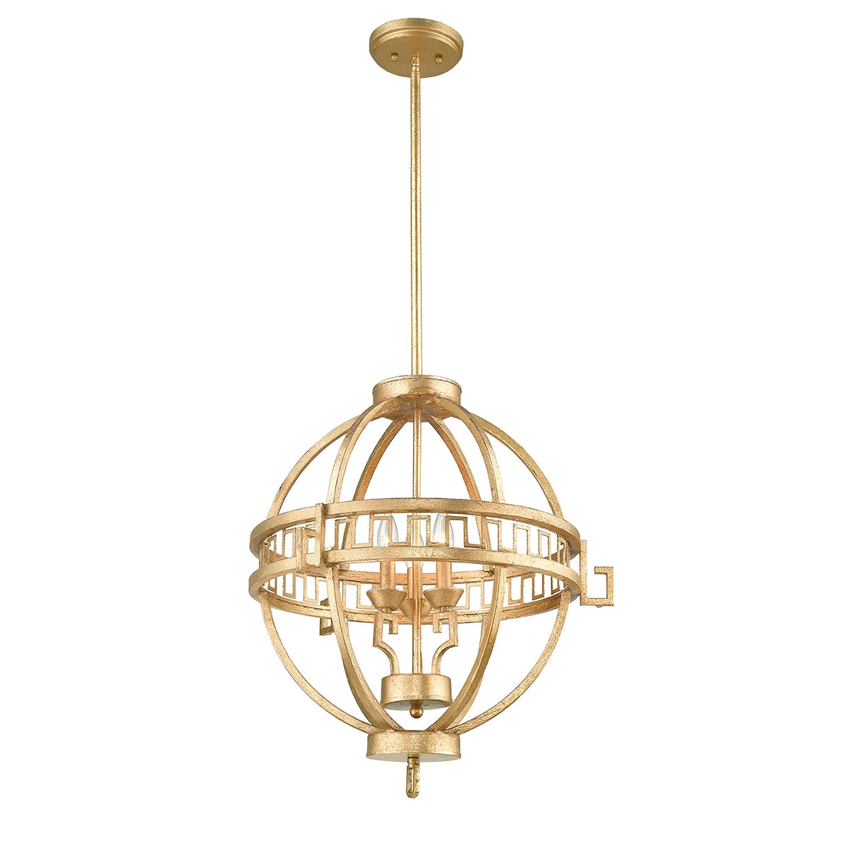 The Lemuria 3 Light Globe Chandelier in gold, featuring an ivory shade, hangs elegantly with its adjustable ceiling rod. Its spherical design showcases a detailed Grecian key motif surrounding the central bulb with circular bands, exuding an ornate and sophisticated appearance.
