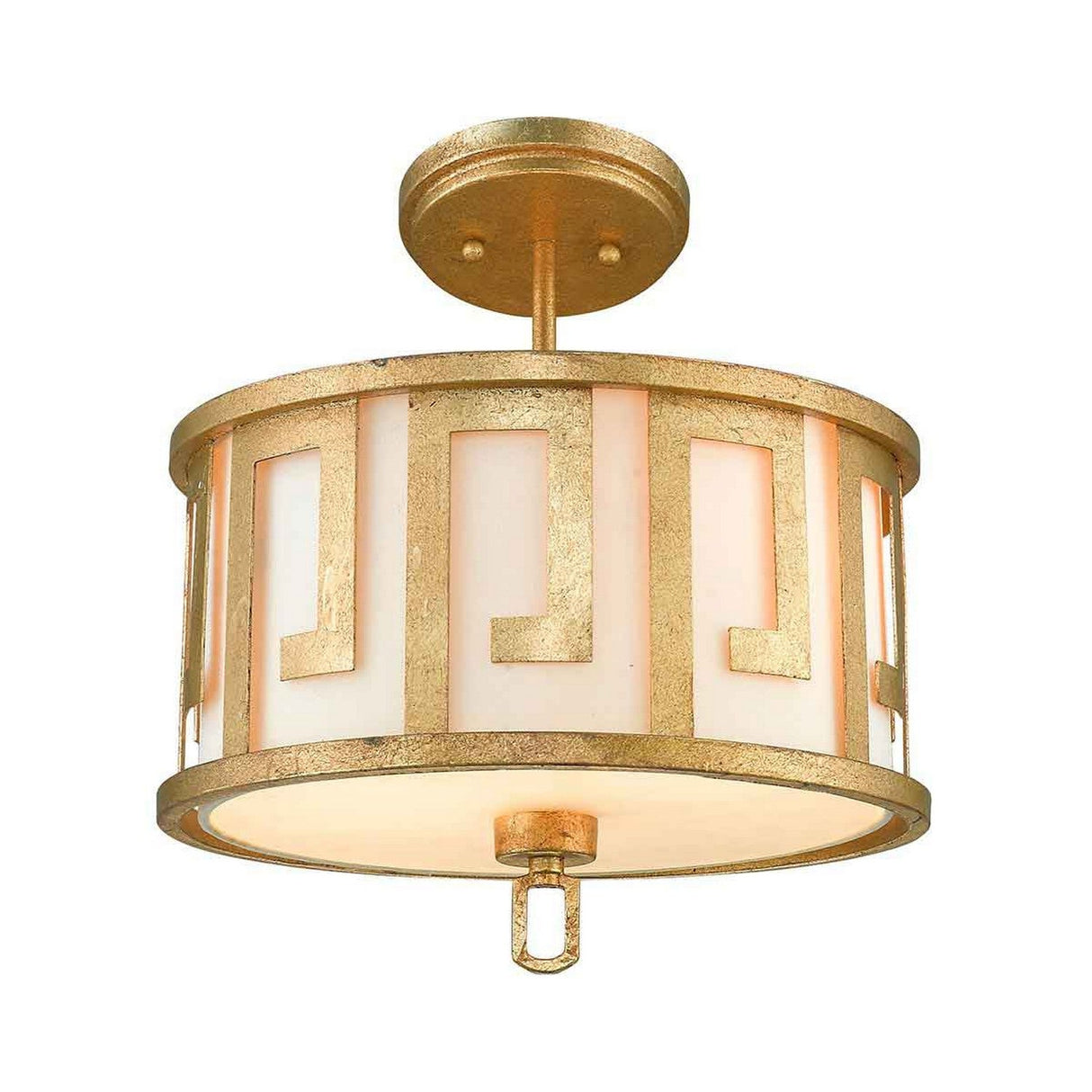 The Lemuria 2 Light Duo-Mount Medium Pendant/Semi-Flush in gold with an ivory shade showcases a Grecian key motif and a white, frosted cylindrical drum shade. It includes a short rod for easy installation and features an elegant decorative loop hanging from the bottom.