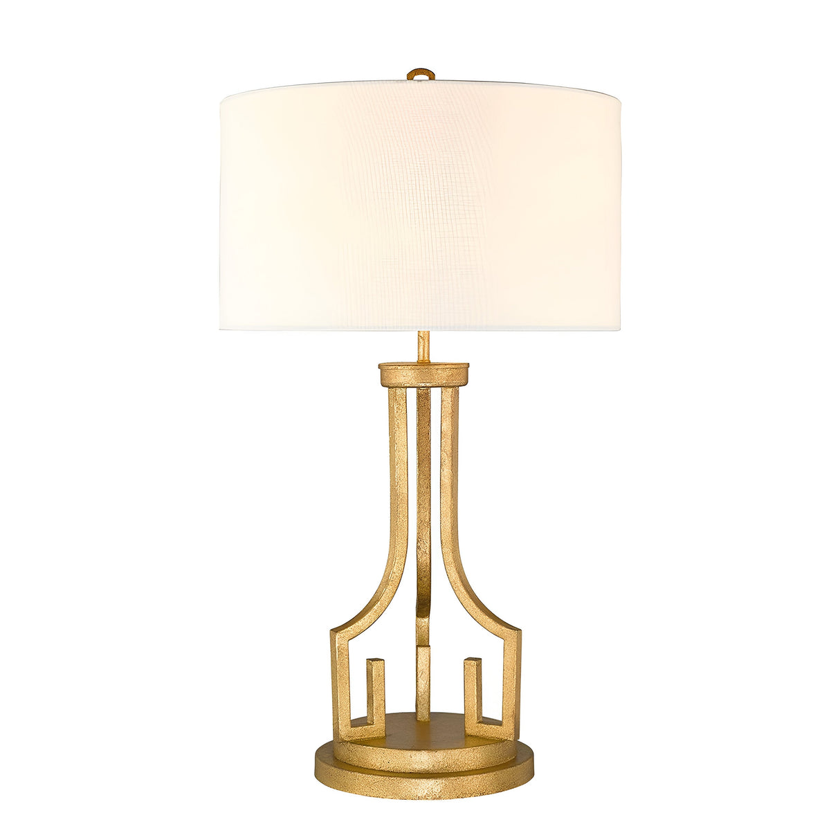 The Lemuria 1 Light Table Lamp - Gold With Ivory Shade boasts a decorative gold finish and a geometric open-frame base embellished with a Grecian key motif. With its large ivory drum shade, this elegant piece stands gracefully on its round base, seamlessly combining modern and classic design elements.