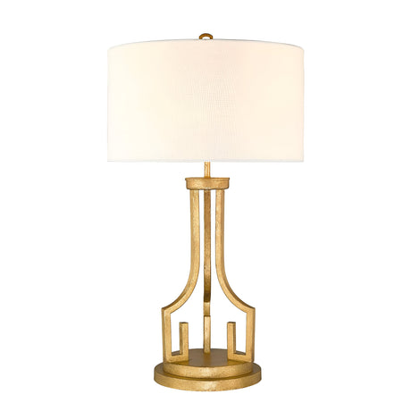 The Lemuria 1 Light Table Lamp - Gold With Ivory Shade boasts a decorative gold finish and a geometric open-frame base embellished with a Grecian key motif. With its large ivory drum shade, this elegant piece stands gracefully on its round base, seamlessly combining modern and classic design elements.
