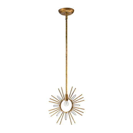 The Sun King 1 Light Pendant - Gold Leaf is a striking gold pendant light featuring a starburst design with radiating metal rods encircling a central bulb. This fixture is suspended by a sleek, adjustable rod from a round ceiling mount, allowing for flexible height adjustments. Its detailed pattern and gold leaf finish exude the captivating allure of celestial brilliance.