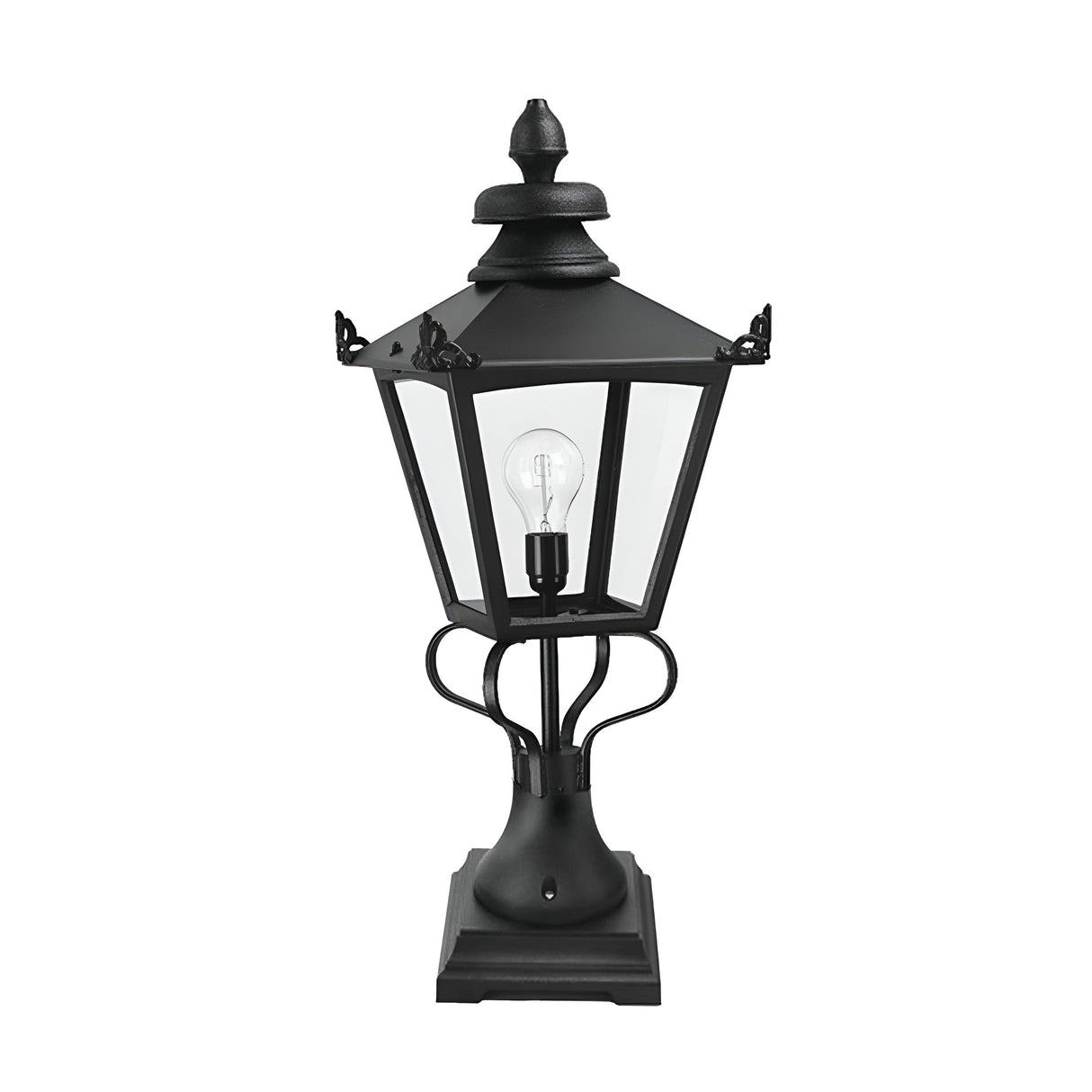 The Grampian 1 Light Pedestal Lantern in black is a vintage-style outdoor fixture crafted from cast aluminium with a clear glass design. This Victorian lantern style radiates classic charm, featuring one light bulb inside and an elegantly square base, ideal for enhancing your outdoor lighting ambiance.