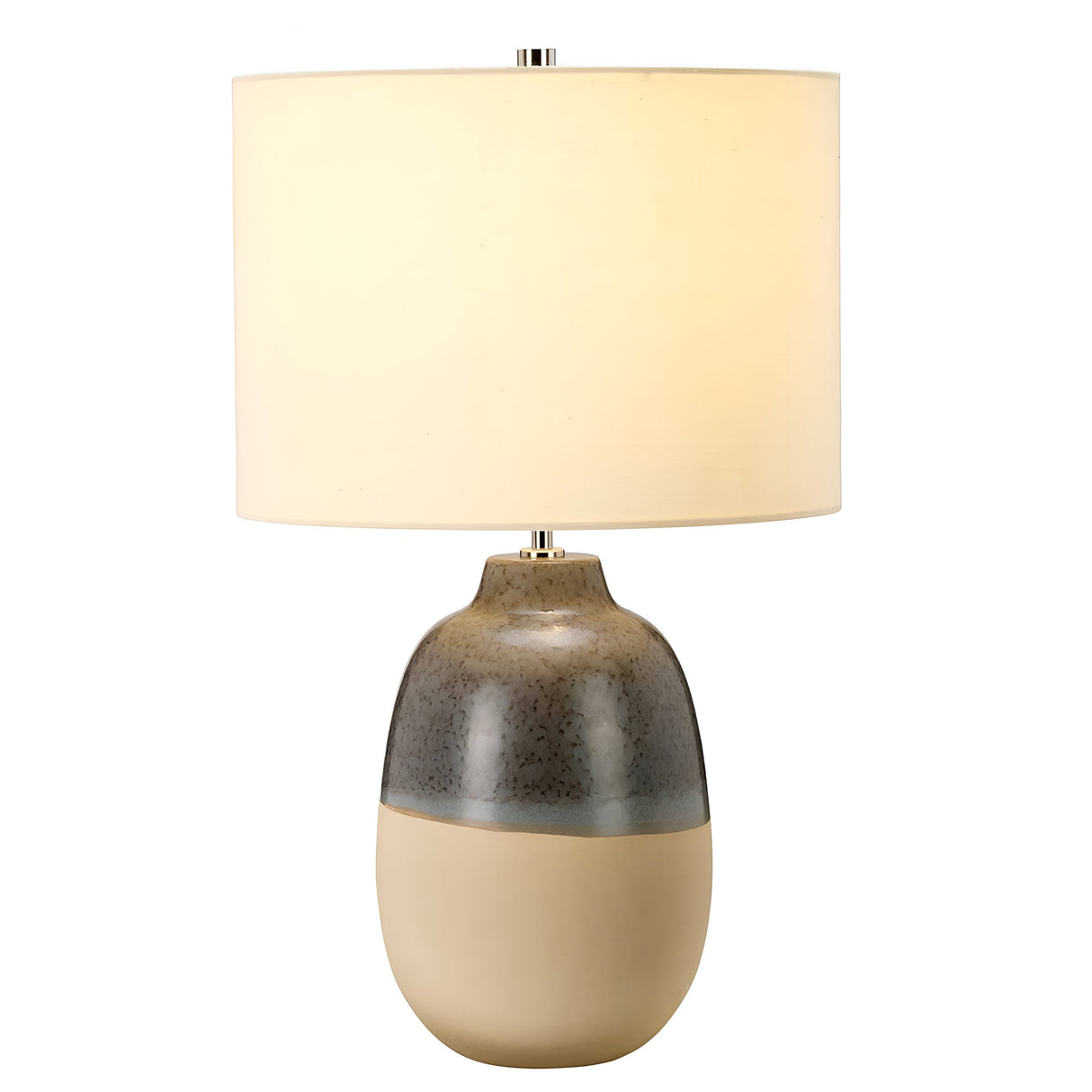 Introducing the Grange Park 1 Light Table Lamp - Grey/Brown, a modern piece that combines ambient lighting with a ceramic base in beige and gray tones. Its smooth, rounded design is accentuated by a reactive glaze, complemented by a large cylindrical cream-colored lampshade that enhances its minimalist and contemporary appeal.
