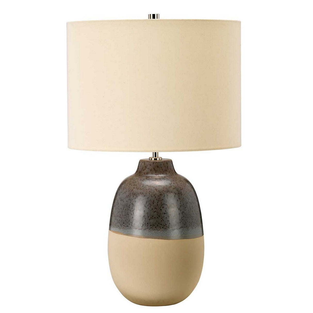 The Grange Park 1 Light Table Lamp - Grey/Brown showcases a beige round shade paired with a two-tone ceramic base. The dark upper half has a speckled texture enhanced by reactive glaze, while the light sandy lower half adds a modern flair, making it ideal for ambient lighting in any room.