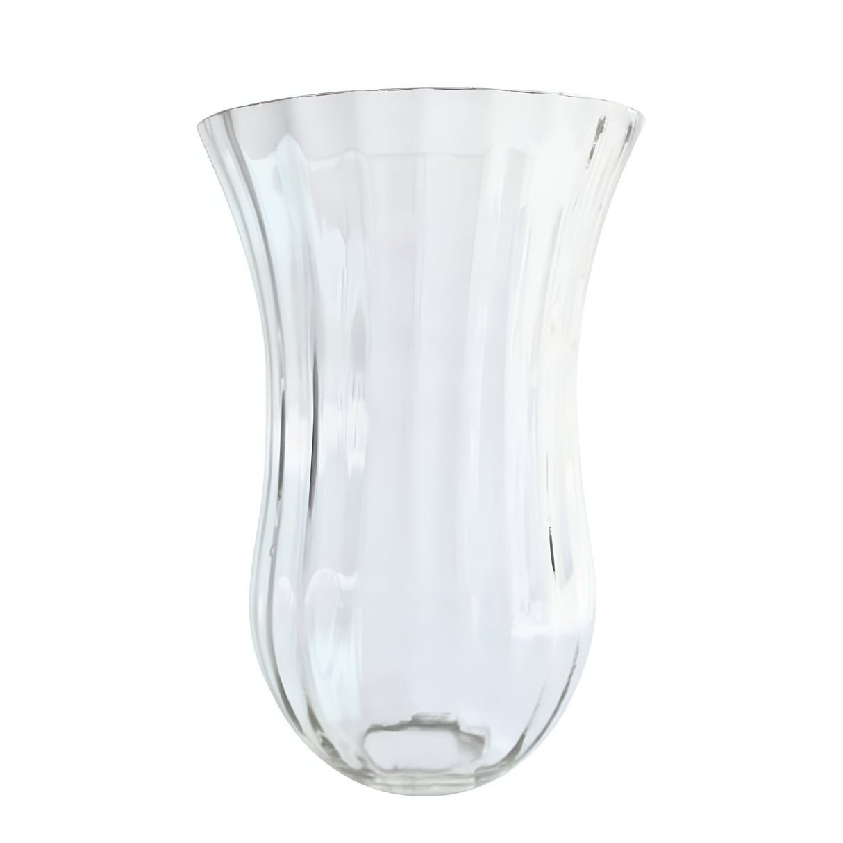 A tall, fluted clear glass shade crafted as an optional piece for the Hinkley Cambridge features an exquisite design with a wide scalloped rim and a sleek, curving body. It stands empty against a white background, evoking the refined style of elegant lighting design.