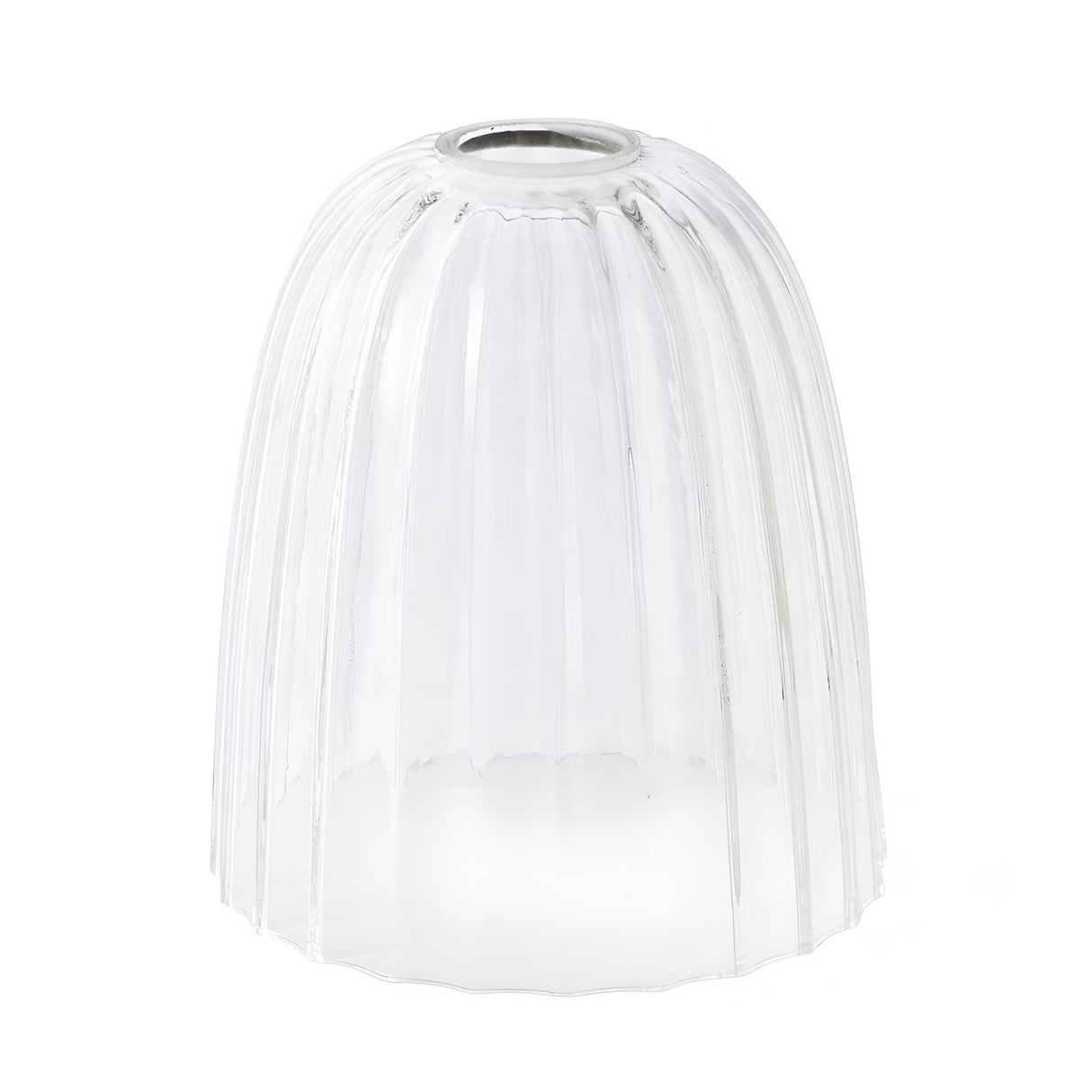 The Shade For Douille Range - Clear glass features a vertical ribbed texture that adds an industrial edge to your decor. Designed with a wide, open bottom and narrow top opening, it fits perfectly over a light bulb. Its translucent surface provides ambient lighting by allowing light to pass through gently.