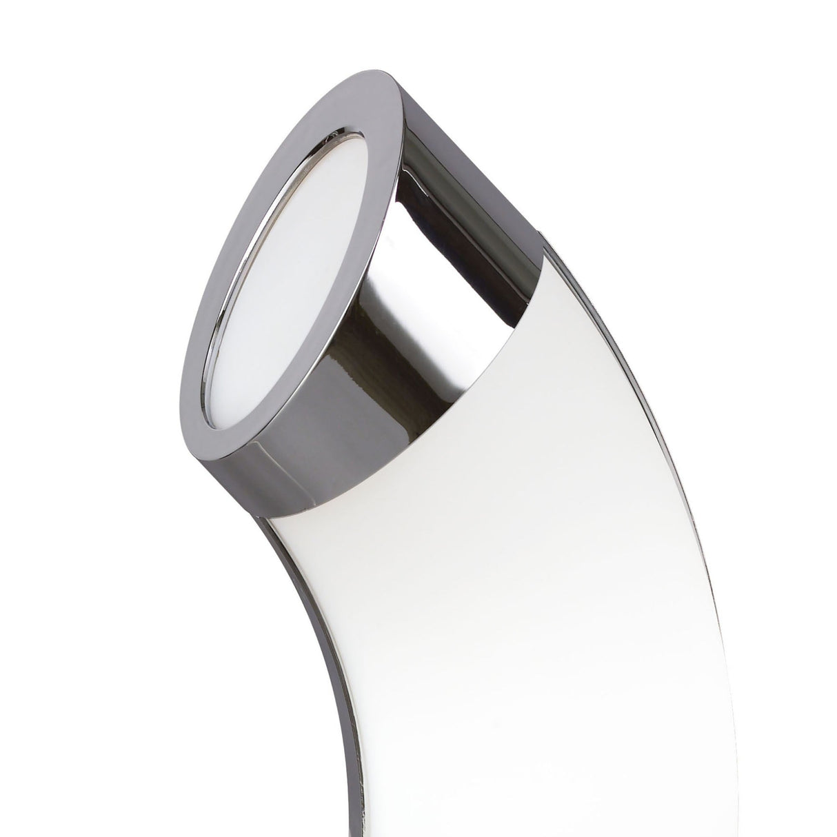 A close-up of the Guss LED Table Lamp 15K 2700K, featuring a polished chrome finish with white acrylic, highlights its sleek, modern design and illuminated top surface for energy-efficient lighting.
