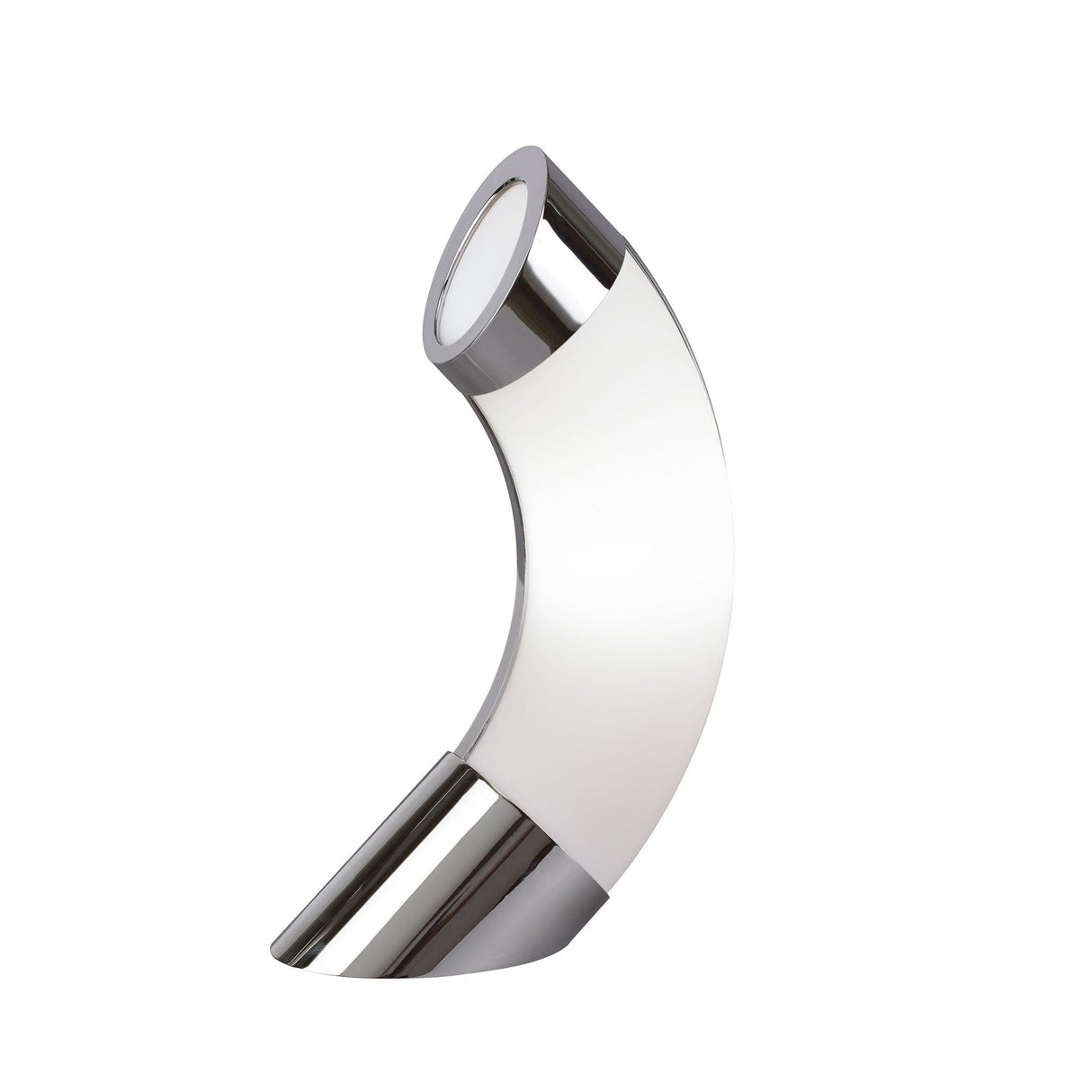 The Guss LED Table Lamp 15K 2700K features a modern, curved design in polished chrome with a white acrylic body and circular LED light, offering stylish and energy-efficient illumination.