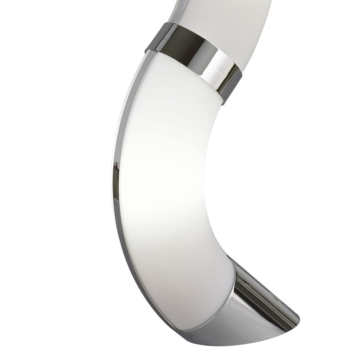 A close-up of the Guss LED Table Lamp 30K 2700K, featuring a polished chrome finish and white acrylic, showcases its sleek modern design and energy-efficient illumination.