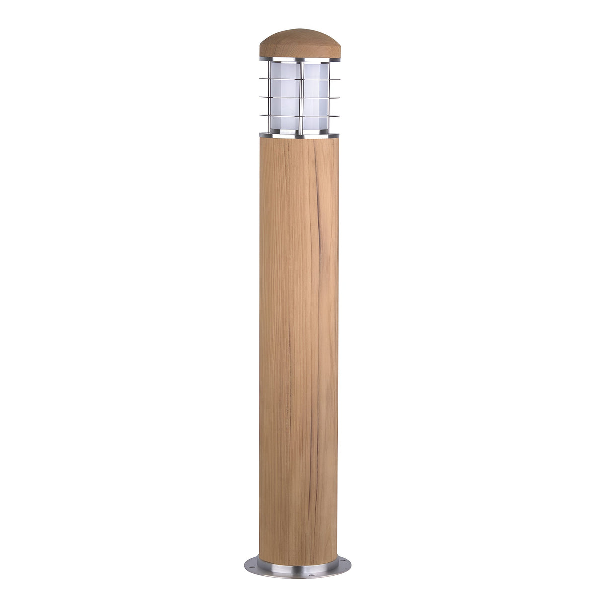 Introducing the Poole 1 Light Bollard in light brown, an elegant outdoor fixture with a Malaysian teak wooden finish and a sleek metal cap. This cylindrical outdoor lamp post is designed with a clear protective covering around the light bulb, ensuring enhanced durability.