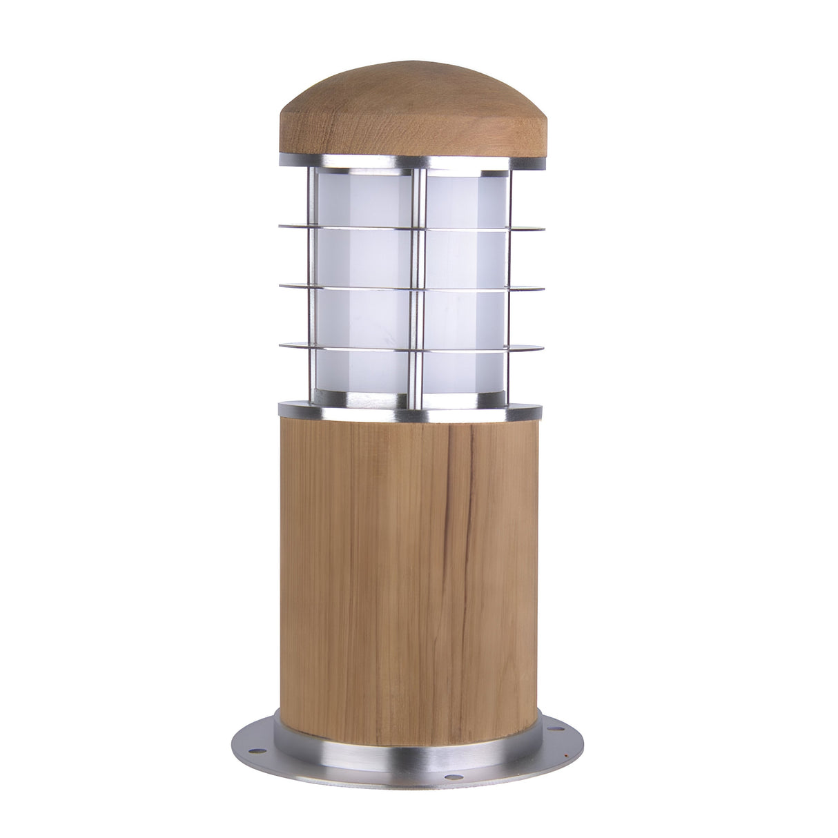 Introducing the Poole 1 Light Mini Bollard - Light Brown: a sophisticated outdoor lighting solution featuring a modern design with a cylindrical wooden base, marine-grade 316 stainless steel grille surrounding a frosted glass light fixture, and topped with a dome-shaped wooden cap. This stylish mini bollard is mounted on a circular metal base, making it perfect for enhancing your outdoor space.