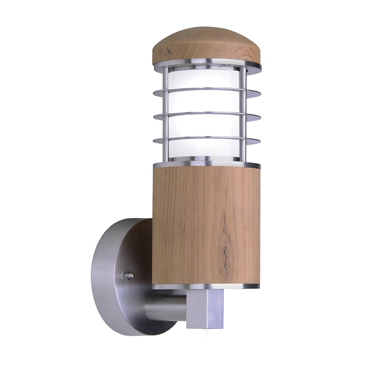 The Poole 1 Light Outdoor Wall Light in light brown is a contemporary fixture designed for outdoor use. It boasts a cylindrical wooden base complemented by marine grade stainless steel accents. With an IP44 rating, the horizontal metal bars surrounding the frosted glass shade create a seamless blend of natural and industrial elements.