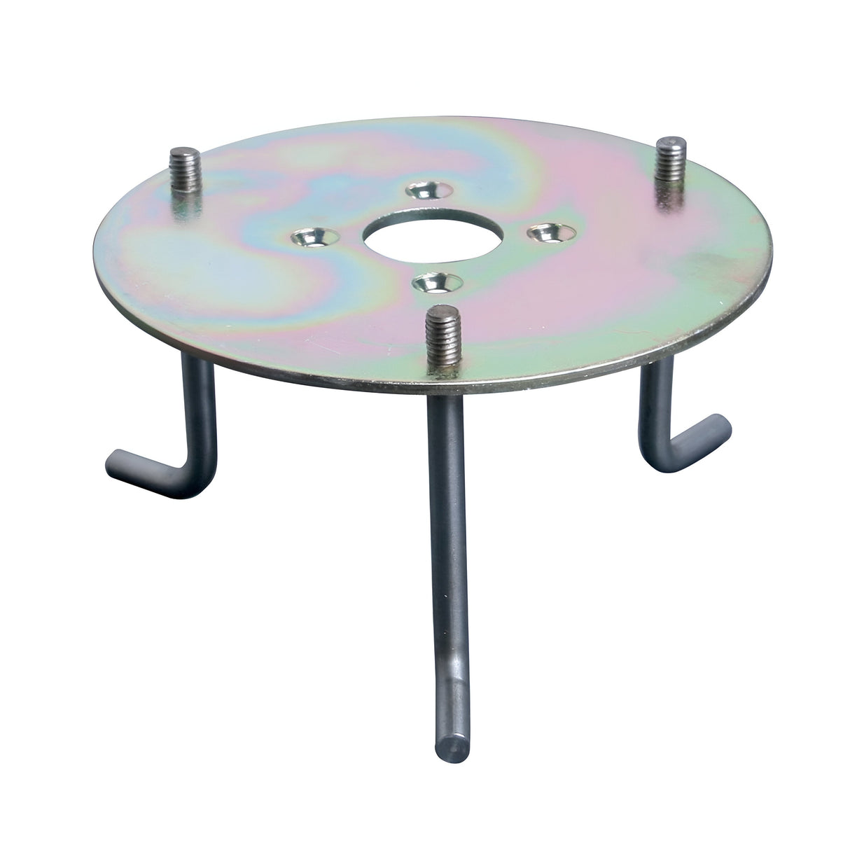The Root for Sandbanks and Poole Bollards is a metallic circular stand with a rainbow sheen surface, featuring a central hole and four equidistant bolts. It is supported by four outward-angled, curved metal legs for enhanced stability.