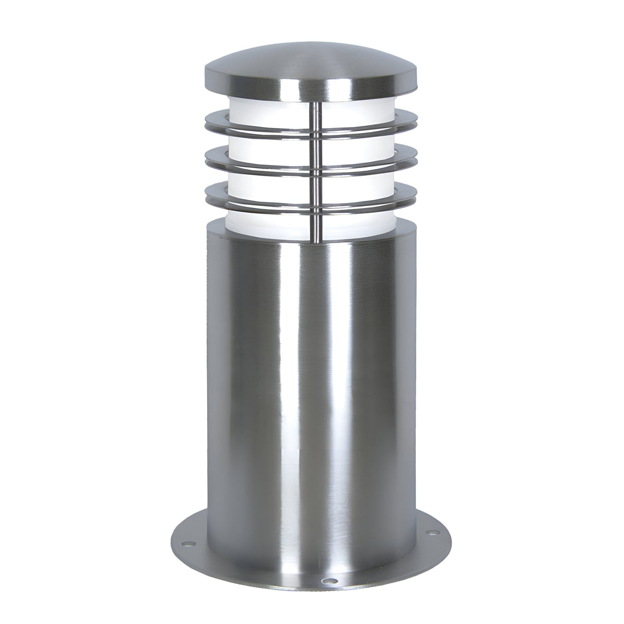 The Sandbanks 1 Light Mini Bollard - Silver offers a sleek outdoor lighting solution with its marine grade stainless steel cylindrical design. Its dome-shaped top with horizontal slats encircling a white diffuser makes it an ideal choice for enhancing any landscape.