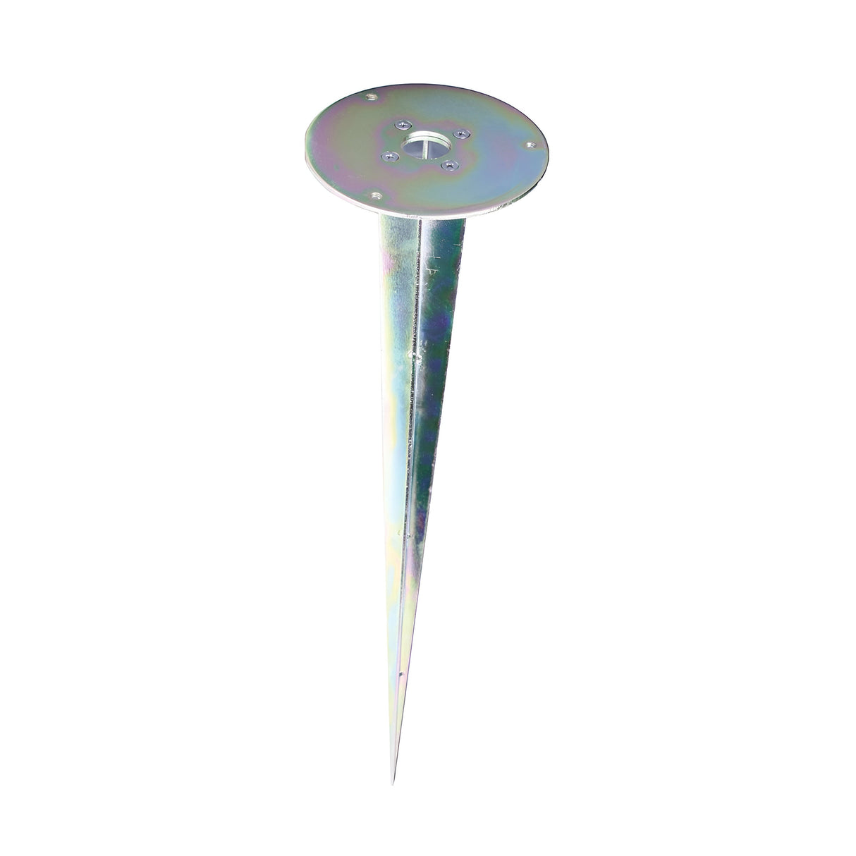 The image features the Spike for Sandbanks & Poole Bollards, a reflective metal ground spike that excels in securing objects into the earth. Its flat circular top and pointed end are perfect for outdoor lighting solutions or stabilizing Poole bollards, while its slightly iridescent finish contrasts beautifully against the plain white background.