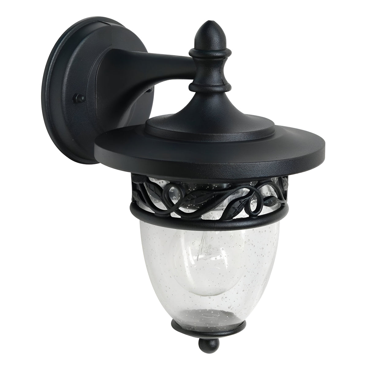 The Burford 1 Light Outdoor Wall Lantern in Black combines a timeless design with detailed metal craftsmanship and an ornate top. Made from cast aluminium, its transparent glass globe delivers perfect outdoor illumination. Boasting an IP44 rating, it offers robust performance and dependability in all types of weather.